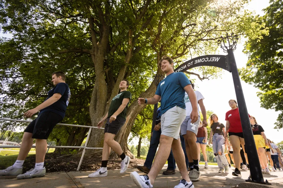 Students walk through the archway to attend the main presentation in the Union Ballroom.